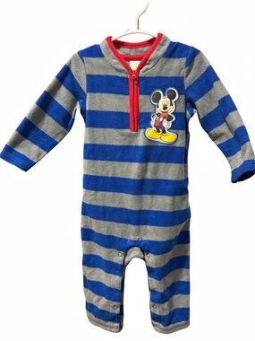 Disney Baby Mickey Mouse Blue Grey Striped Fleece Romper 12-18M